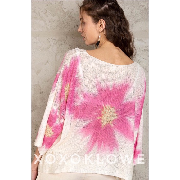 LAST ONE POL Pink Floral Print Wide Neck Lightweight Sweater Oversized - Picture 7 of 16